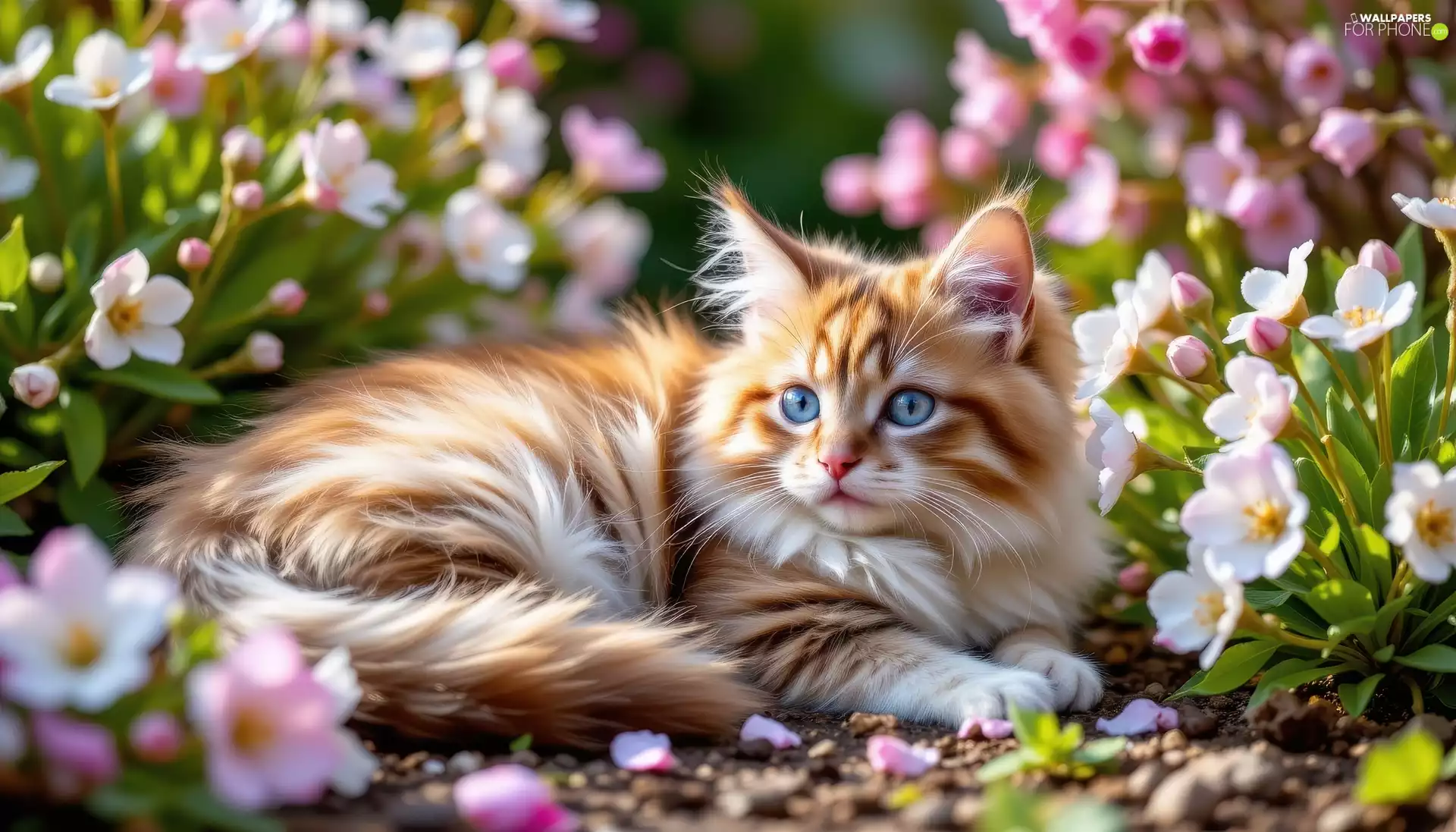White, Pink, fluffy, Flowers, cat