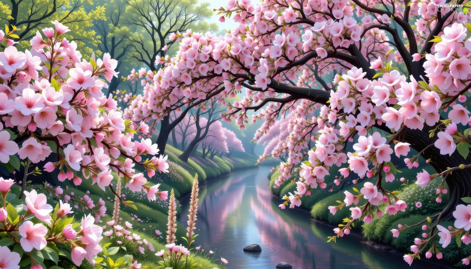 flourishing, Flowers, viewes, Pink, Spring, trees, River