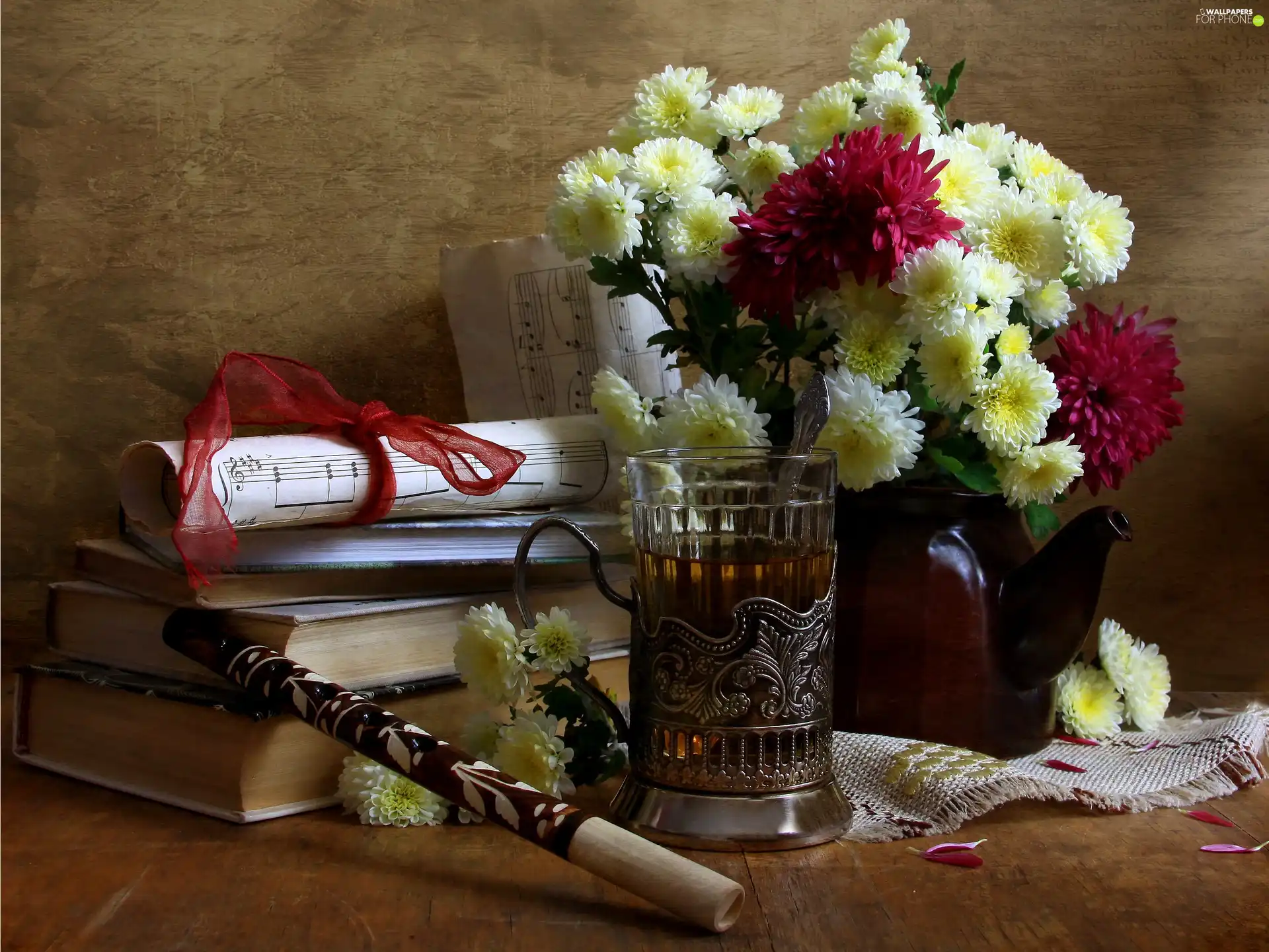 Books, bowl, pipe, Tunes, tea, Chrysanthemums