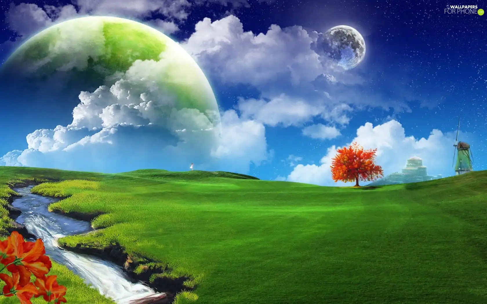Green, Red, Planet, fantasy, Meadow, trees