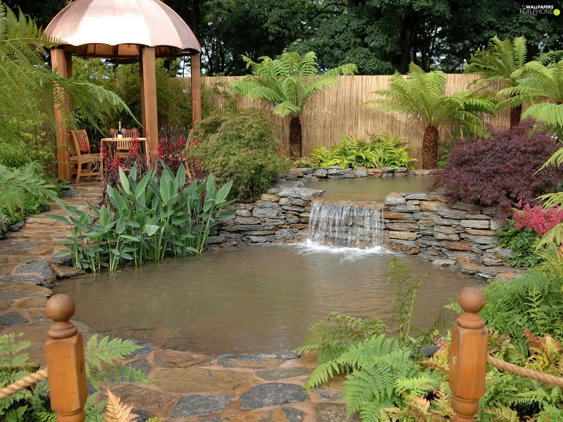 Garden, cascade, Plants, alcove