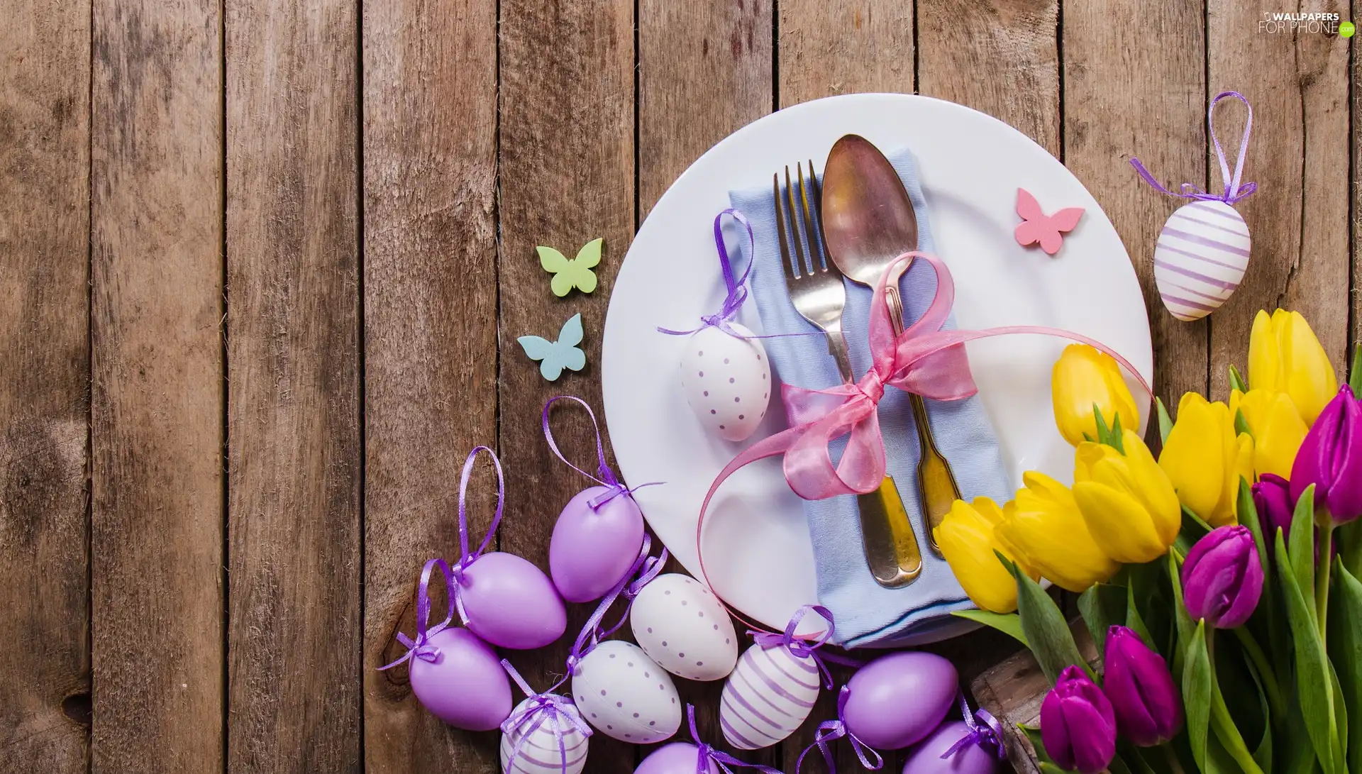 plate, Easter, cutlery, ribbon, Tulips, boarding, butterflies, bouquet, eggs