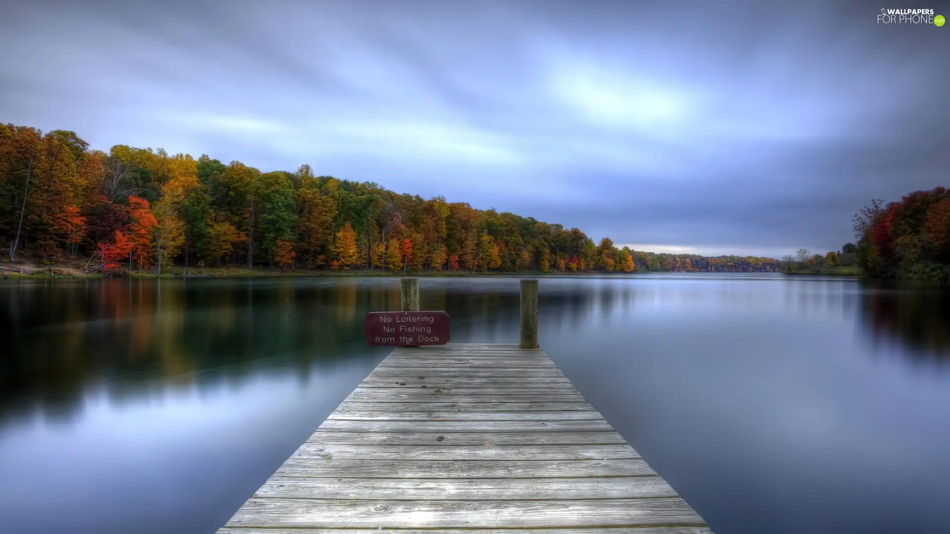 autumn, woods, Platform, lake