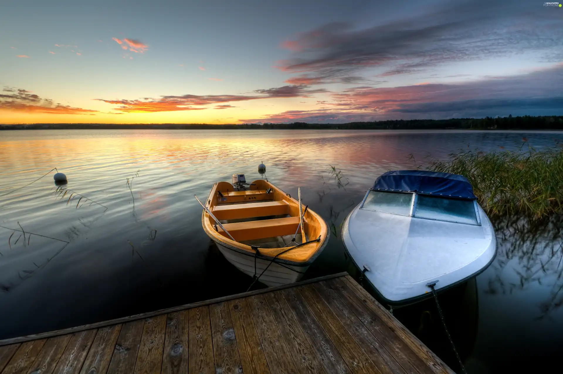 Platform, boats, west, sun, lake