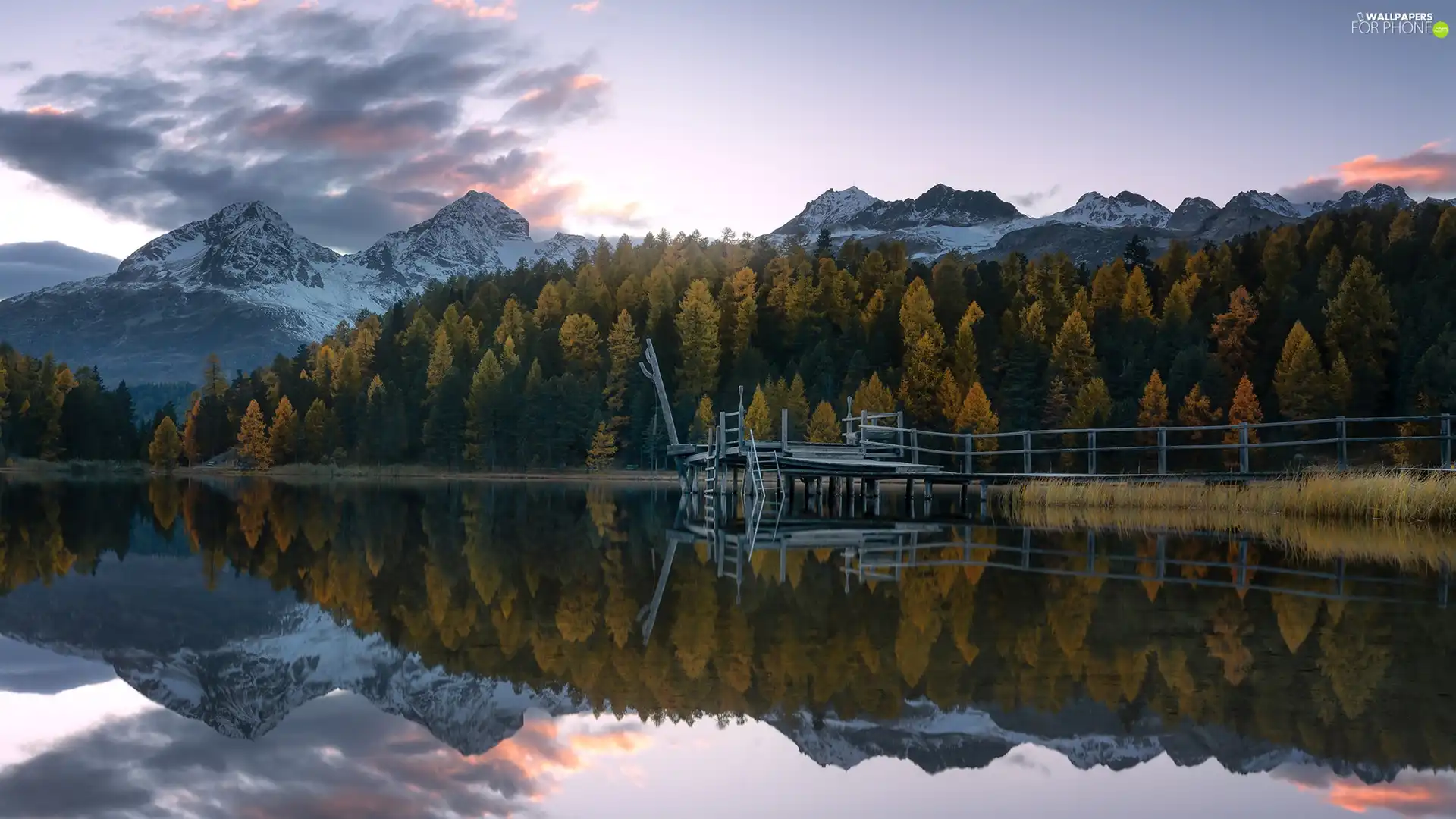 trees, lake, clouds, Platform, Mountains, viewes, reflection
