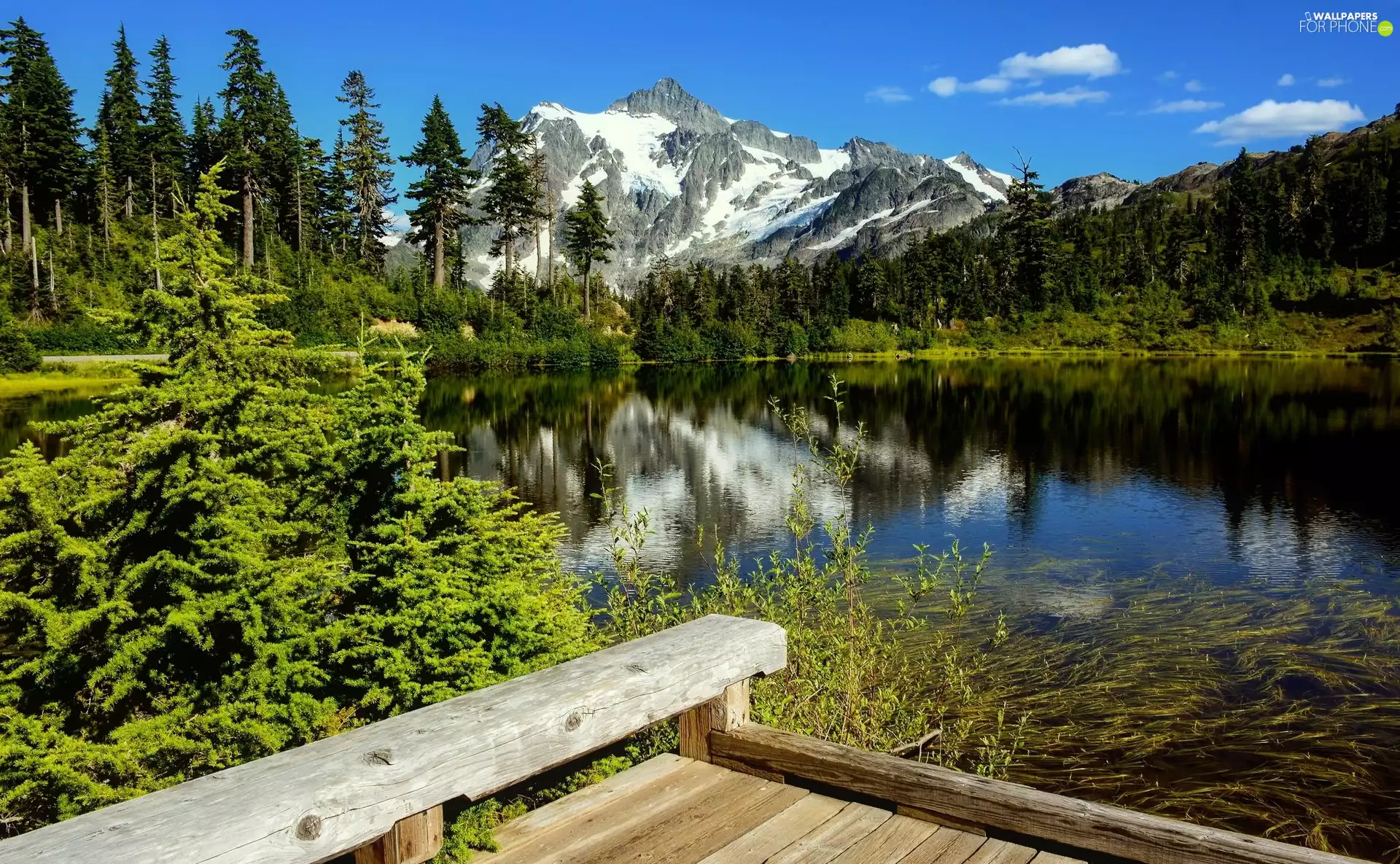 lake, Mountains, woods, Platform