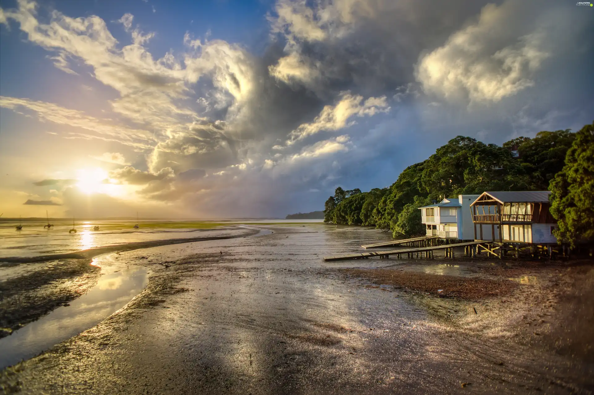 house, Sea, Sky, wooden, coast, Platforms, clouds