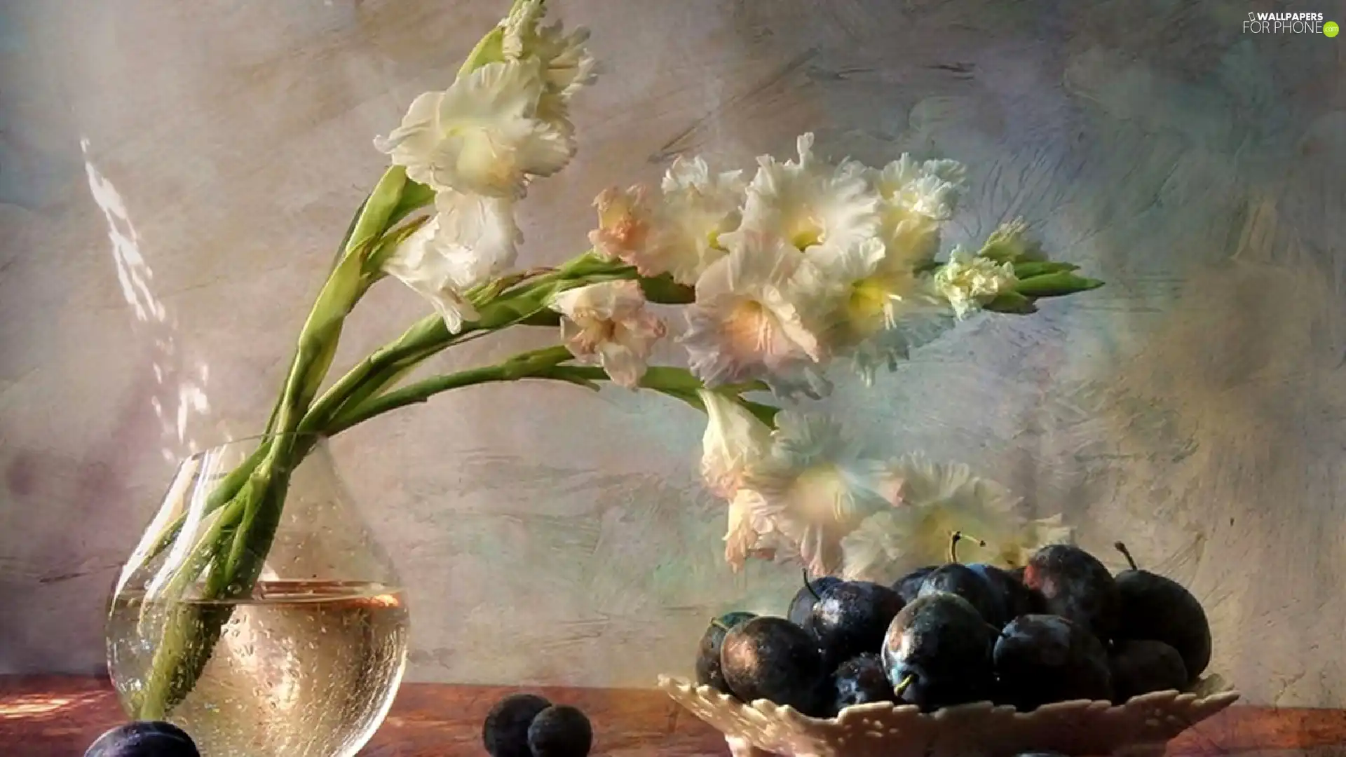 plums, bowl, gladioli