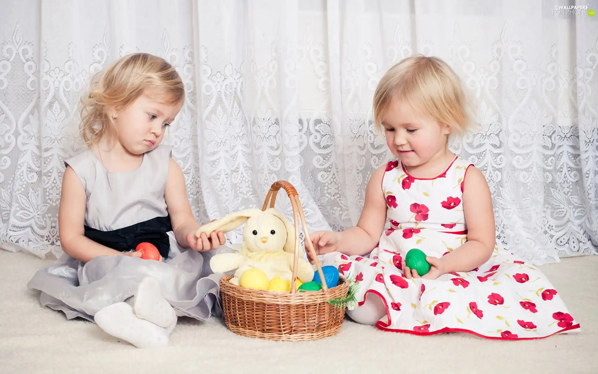 girls, eggs, plush toy, basket
