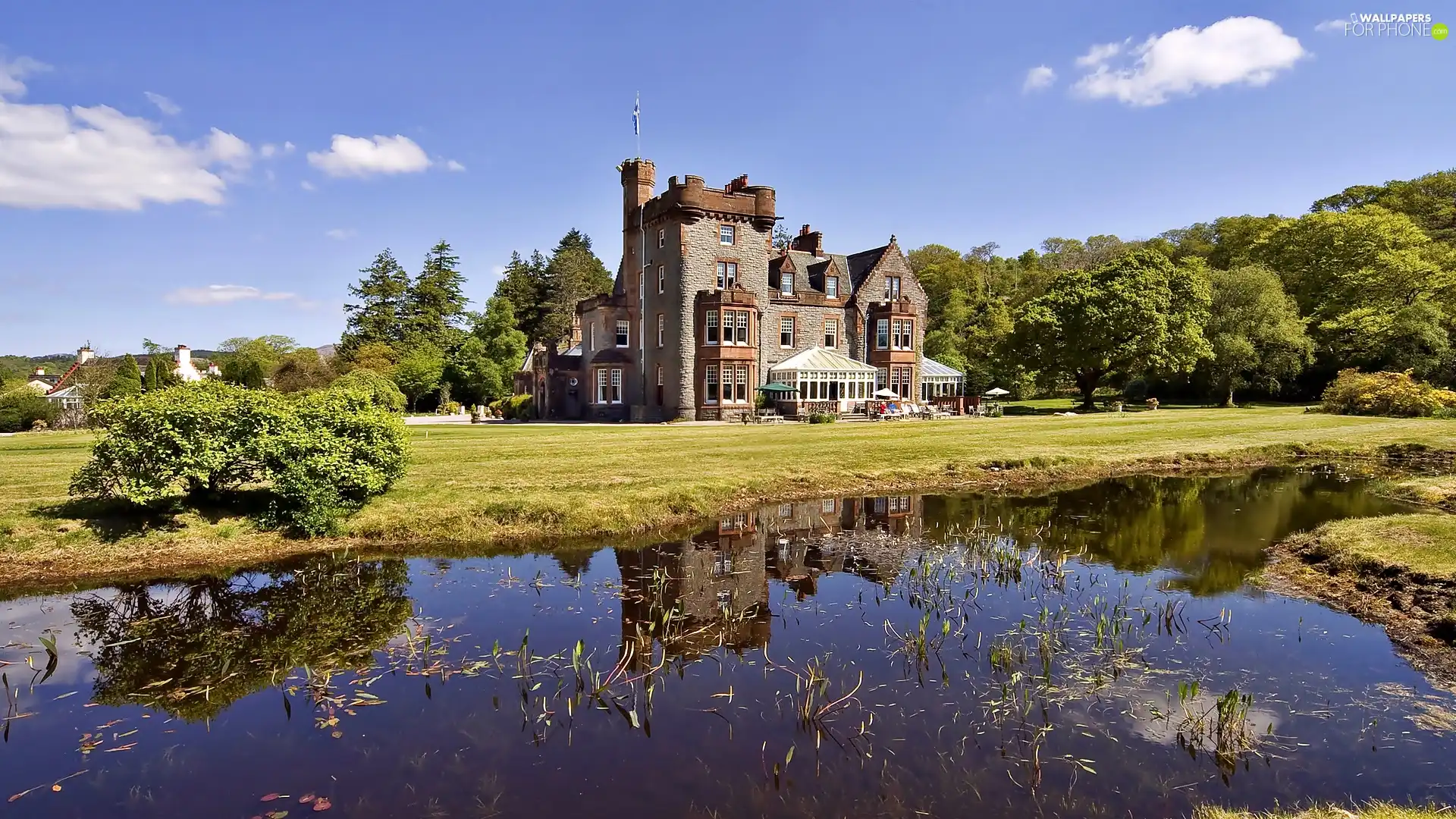 Scotland, Castle, Pond - car