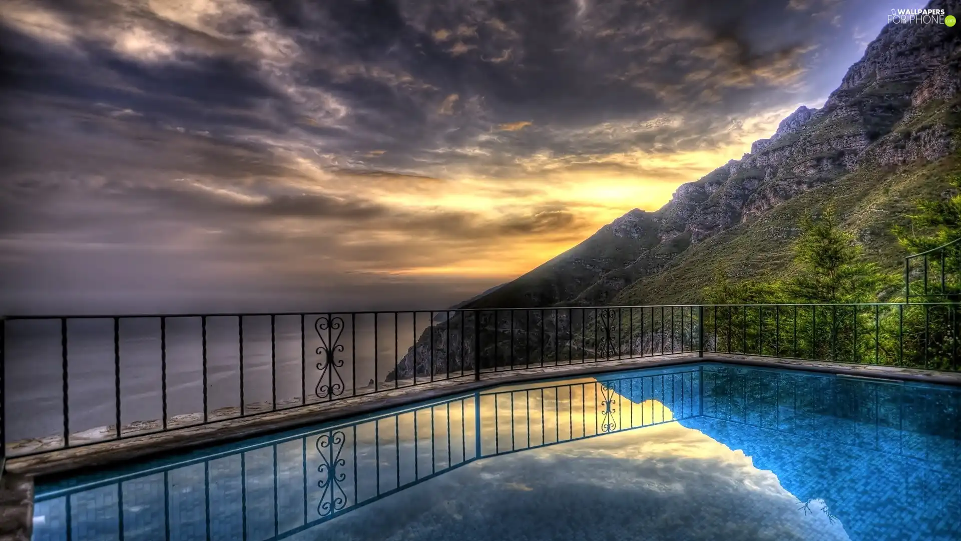clouds, Mountains, Pool, sea