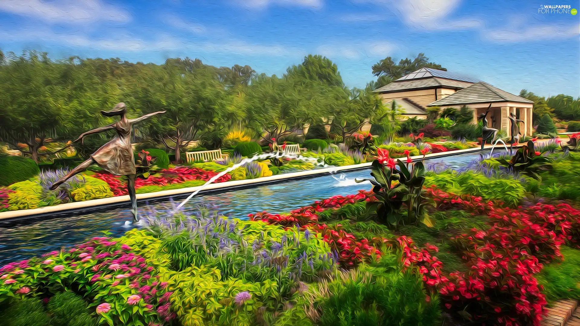 Garden, Paintography, Pool, Sculpture, fountain, house