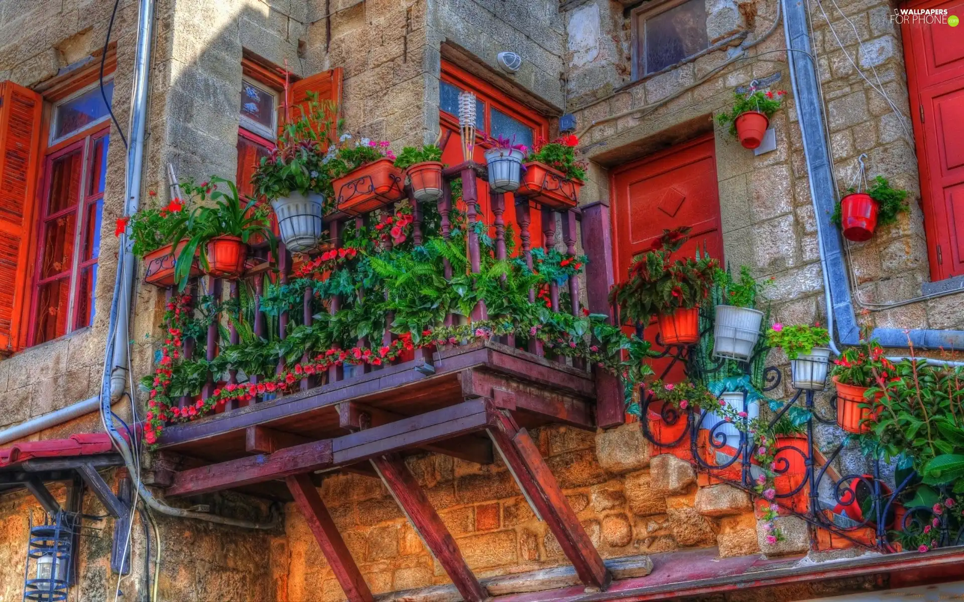 Stairs, Red, Pots, Balcony