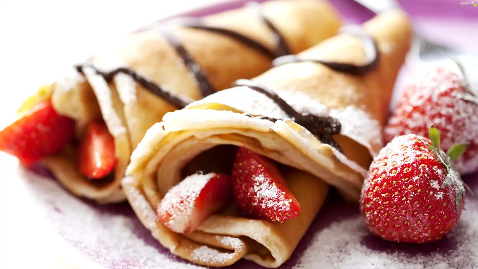 pancakes, sugar, powder, strawberries