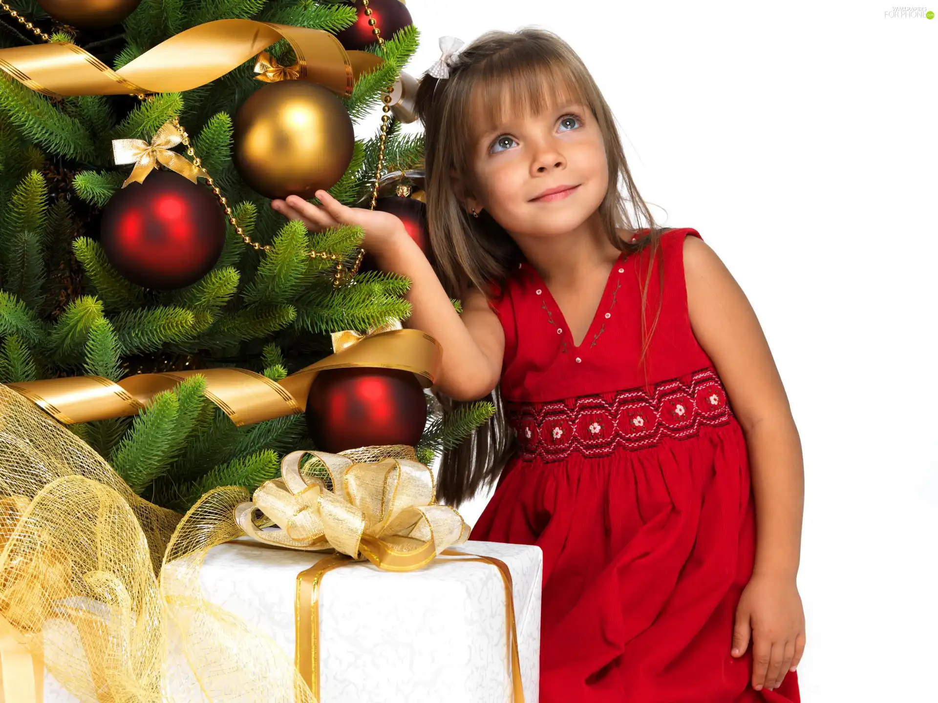 girl, christmas tree, Present