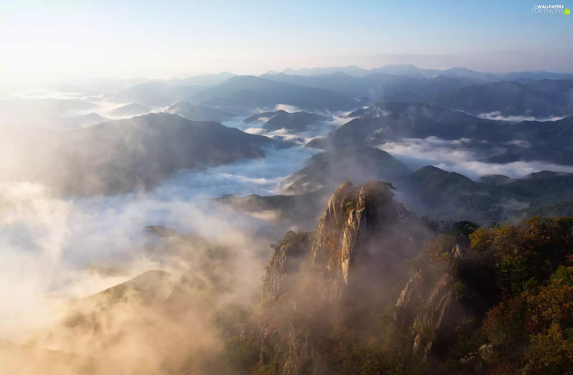Mountains, vertices, Fog, Daedunsan Provincial Park, North Jeolla Province, South Korea, viewes, rocks, trees