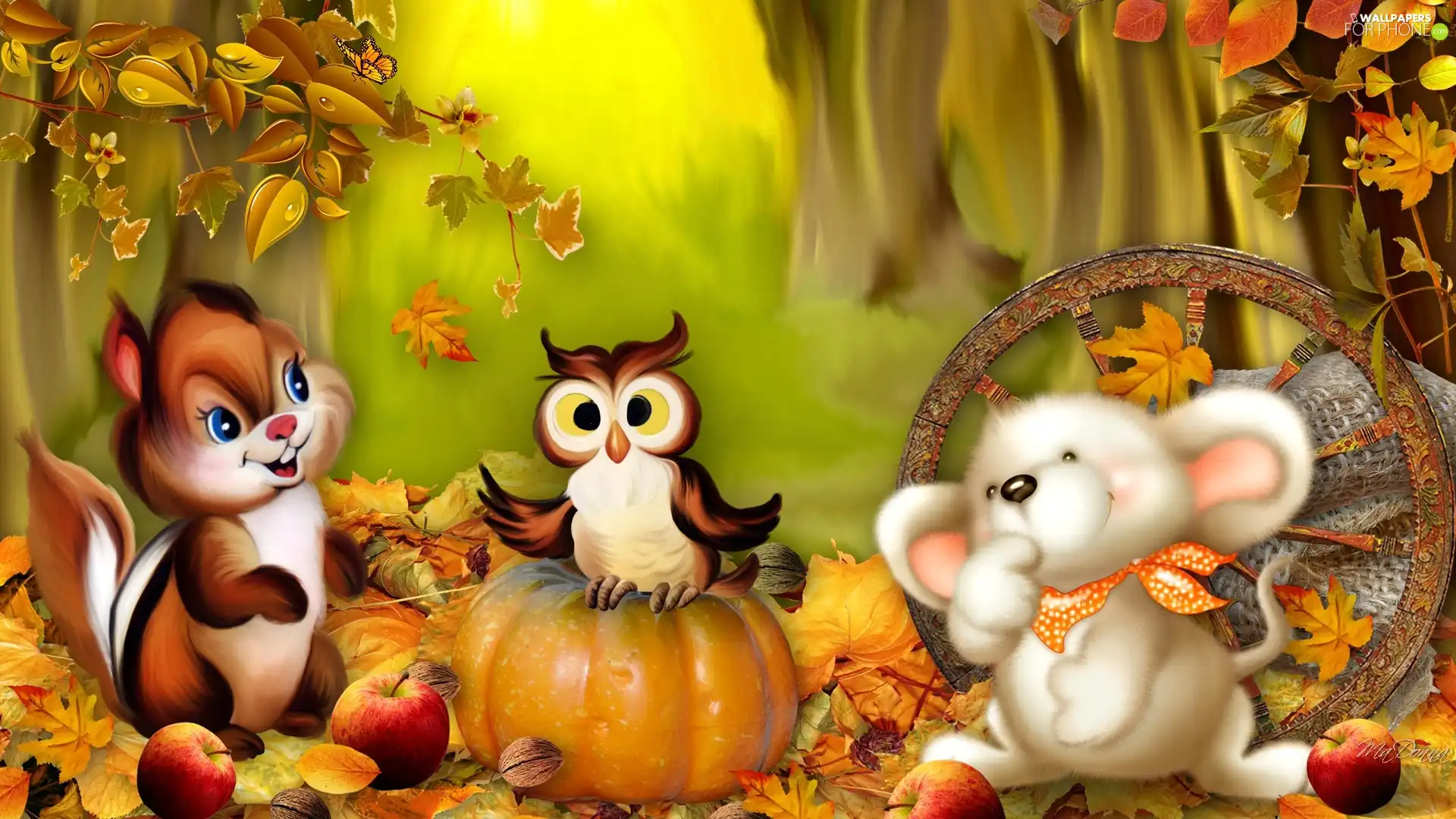mouse, squirrel, pumpkin, apples, Leaf, owl
