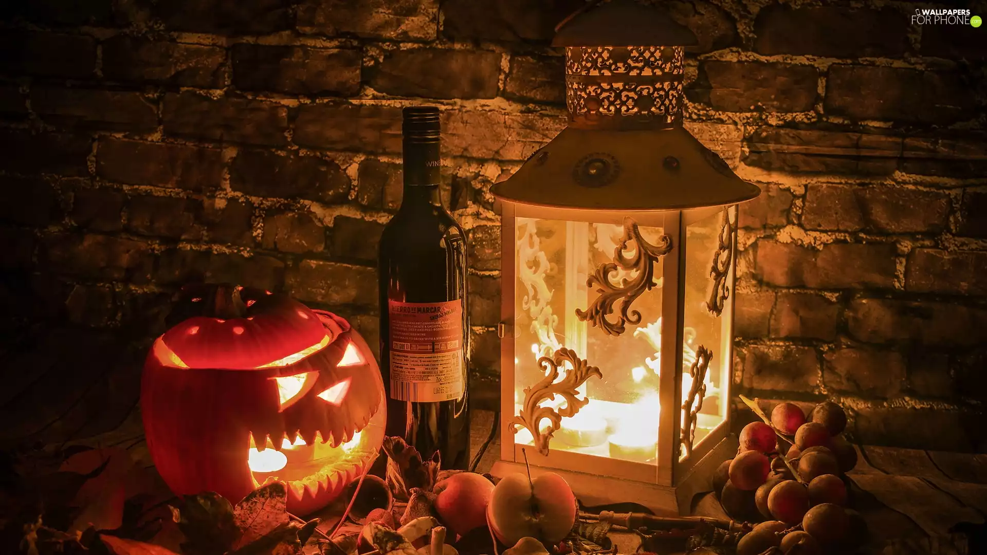 Candle, halloween, Wine, pumpkin, composition, Bottle, lantern