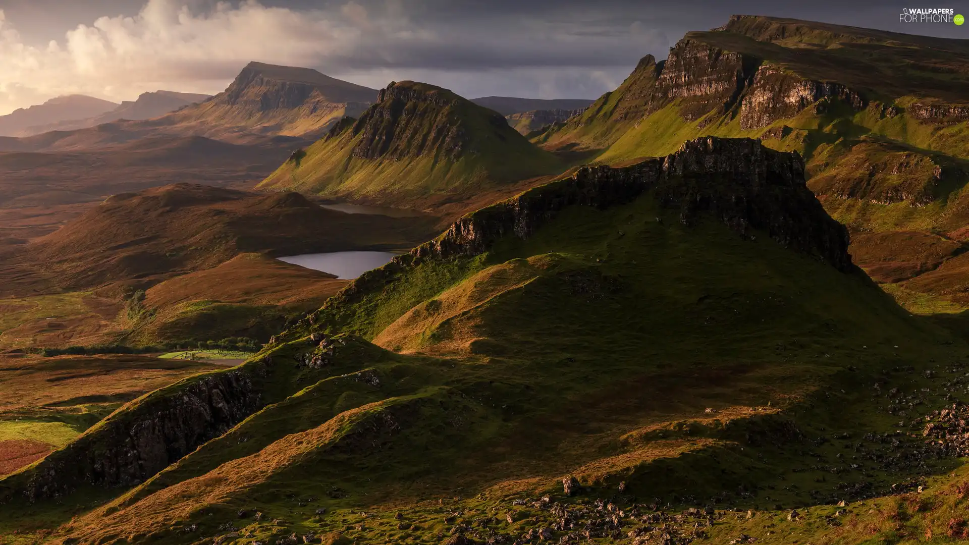 lakes, clouds, Scotland, Isle of Skye, Quiraing, Mountains, The Hills, landslide