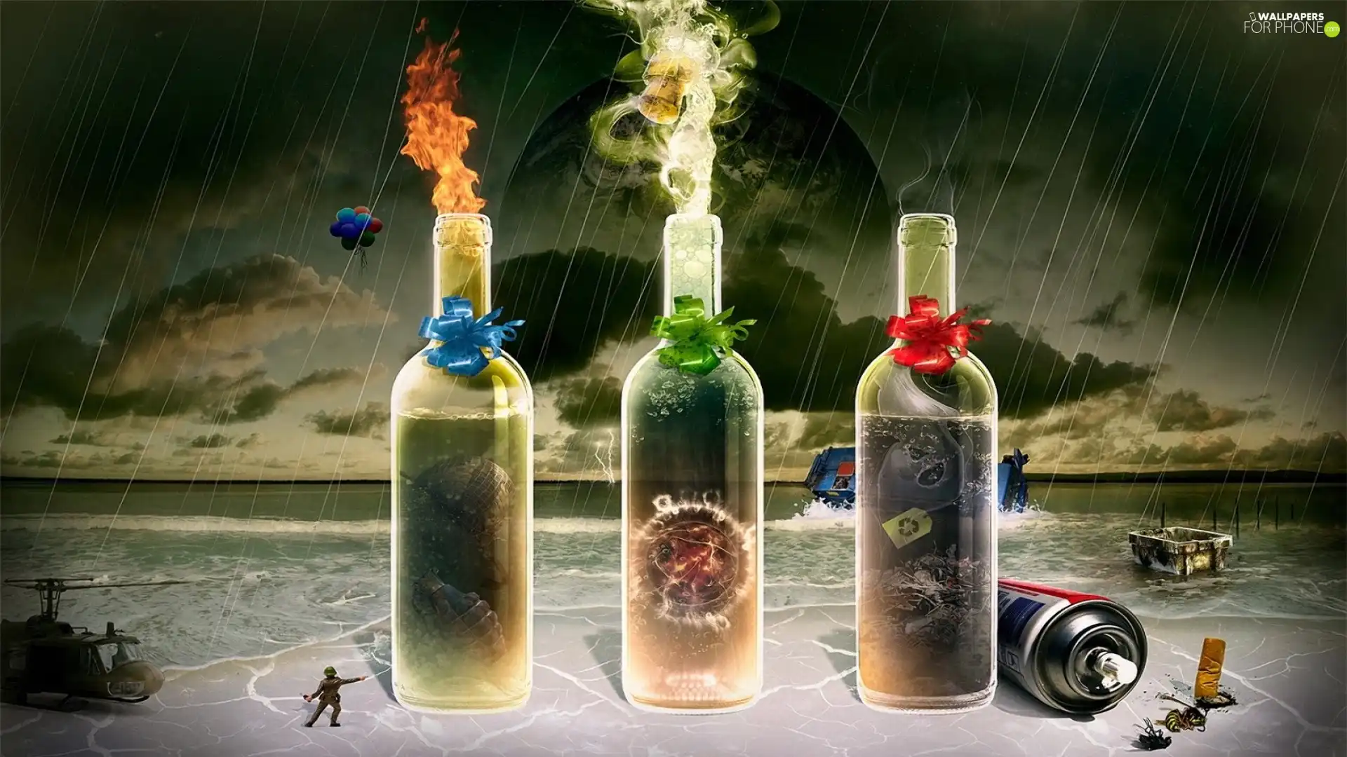 sea, graphics, Rain, Bottles