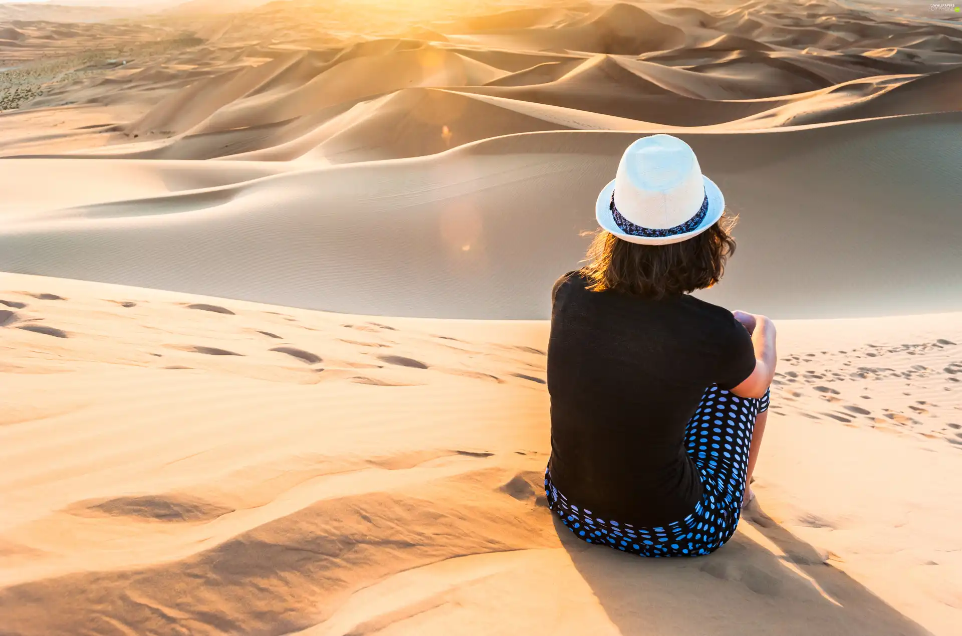 rays, Desert, Dunes, Sand, girl