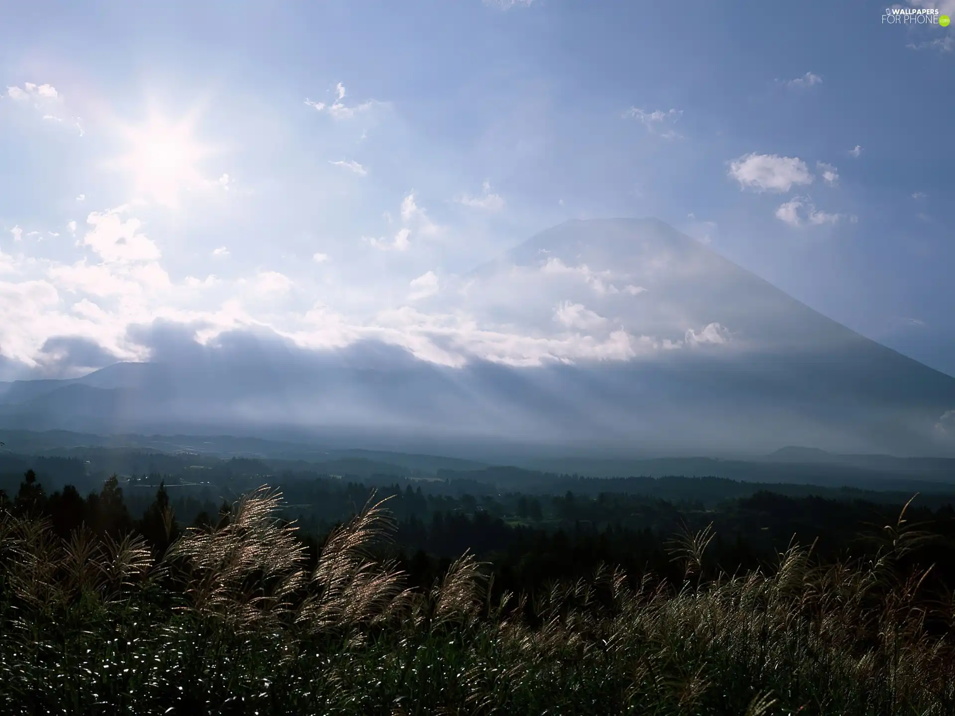 rays, Mountains, Sky, clouds, sun