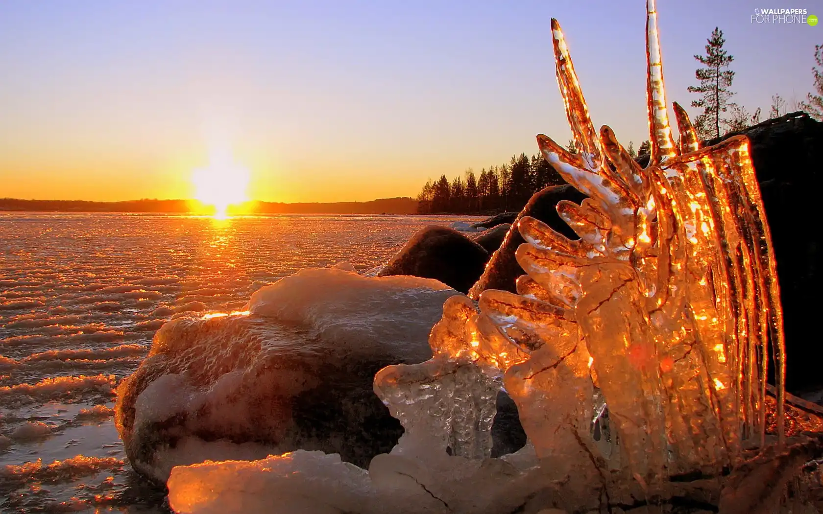 rays, sun, clump, ice, lake