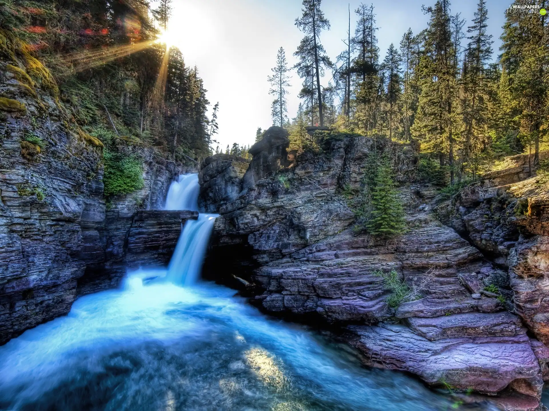 rays, sun, waterfall, forest, rocks