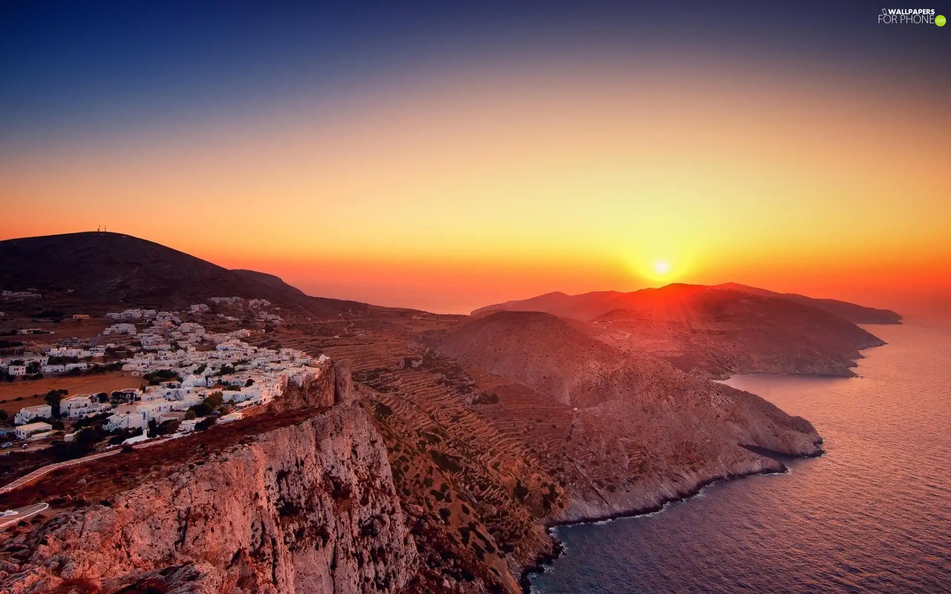 Mountains, Coast, rays, sun, Town, rocks