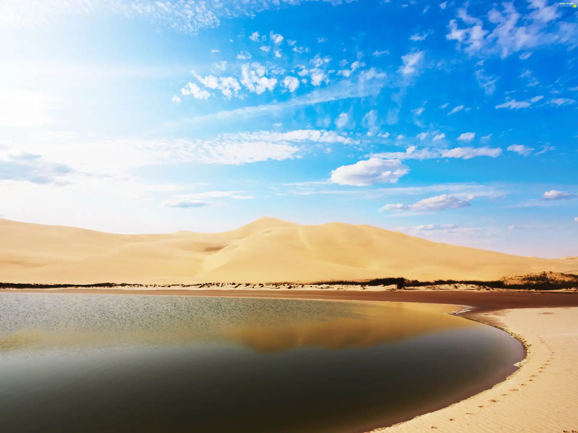 rays, sunny, Dunes, lake, Desert