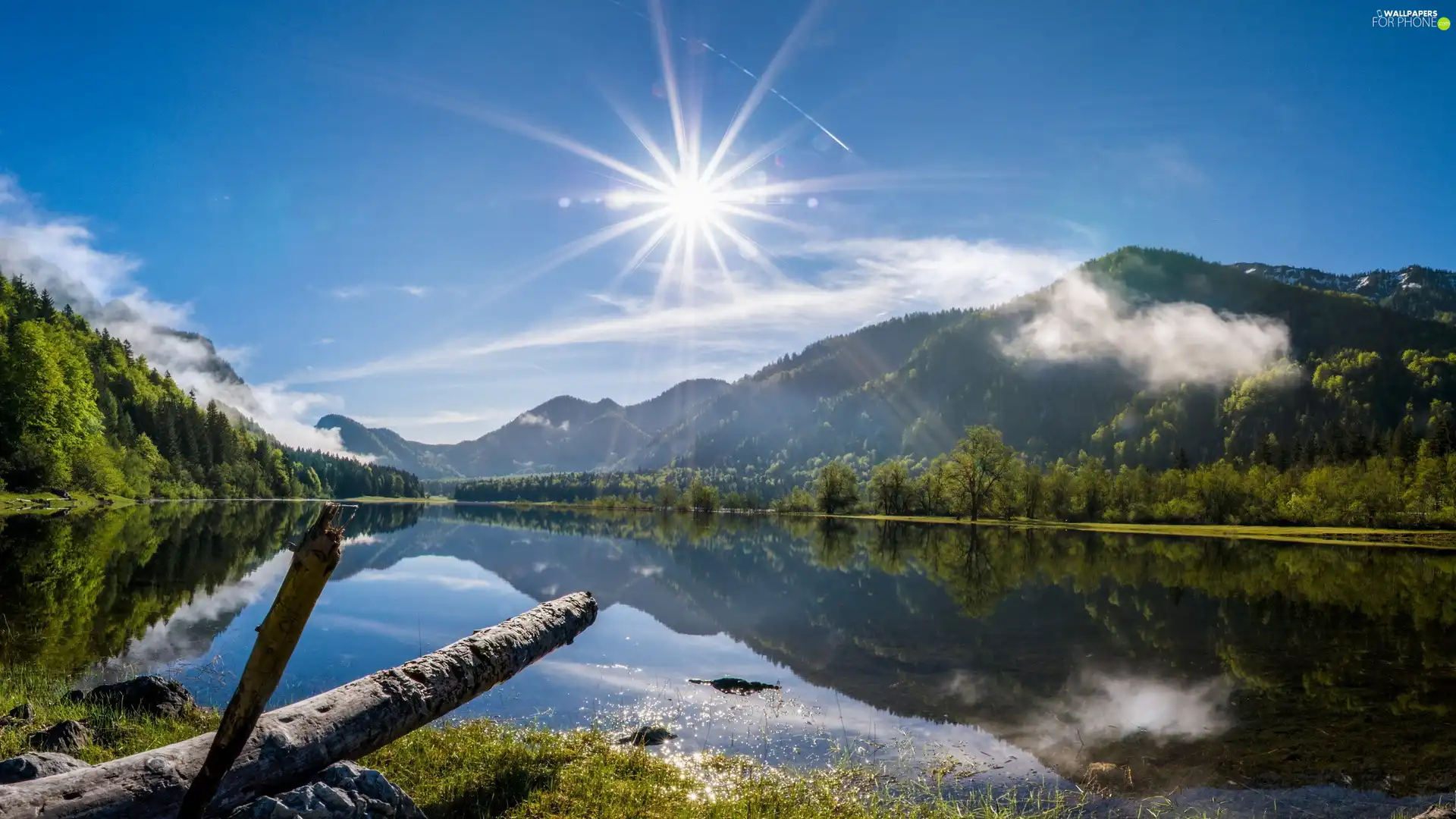 rays, sunny, forest, Mountains, lake