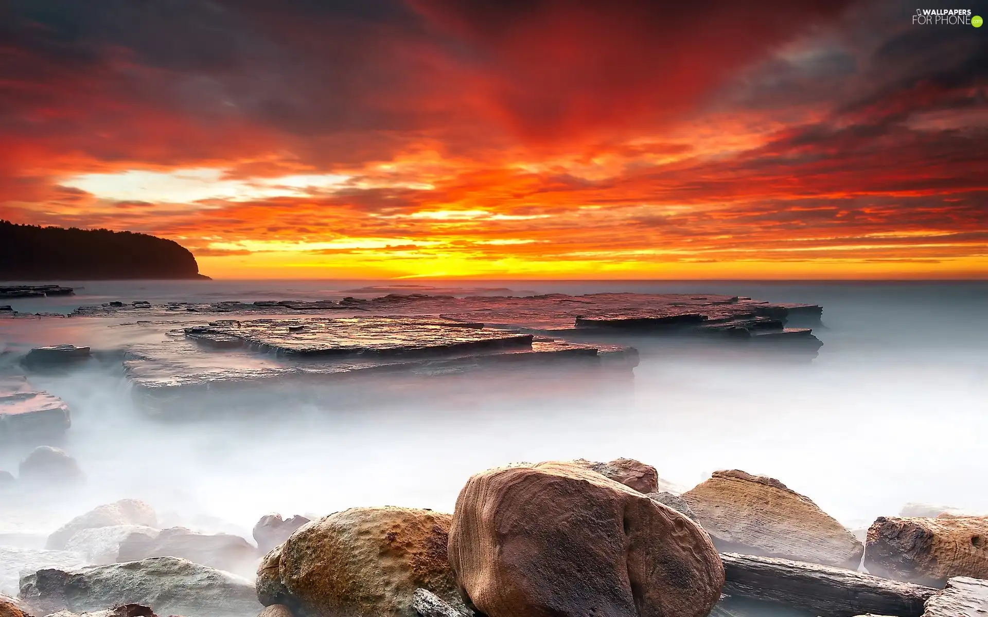 Red, clouds, Great, Stones, sea