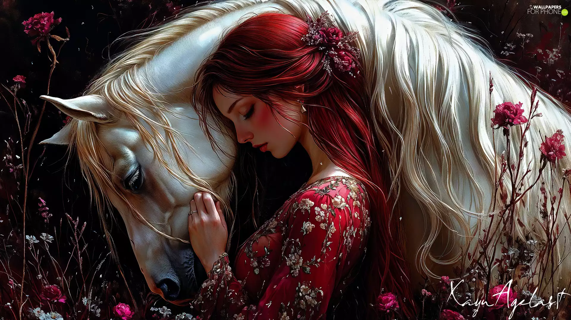 Hair, Longs, Horse, Red, Women, White, Flowers