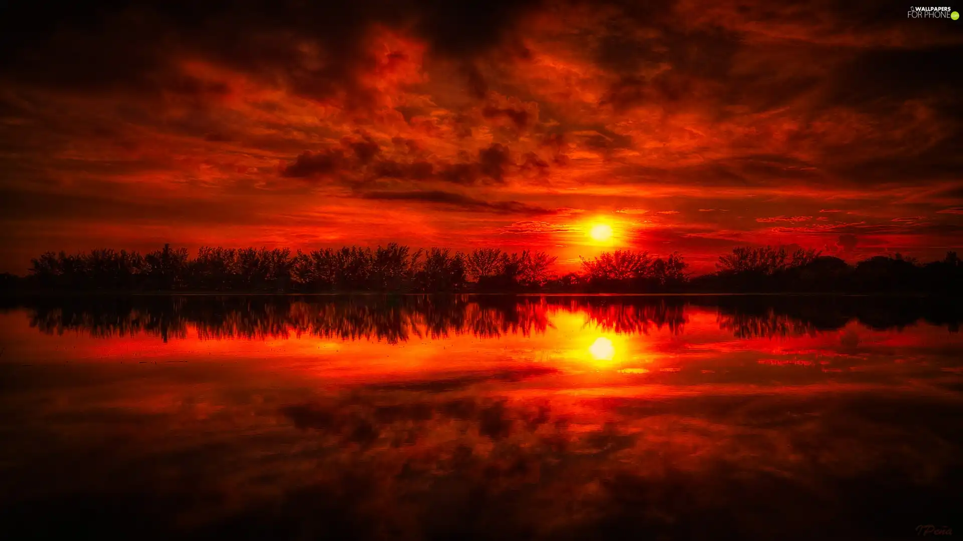 Red, Sky, sun, lake, west