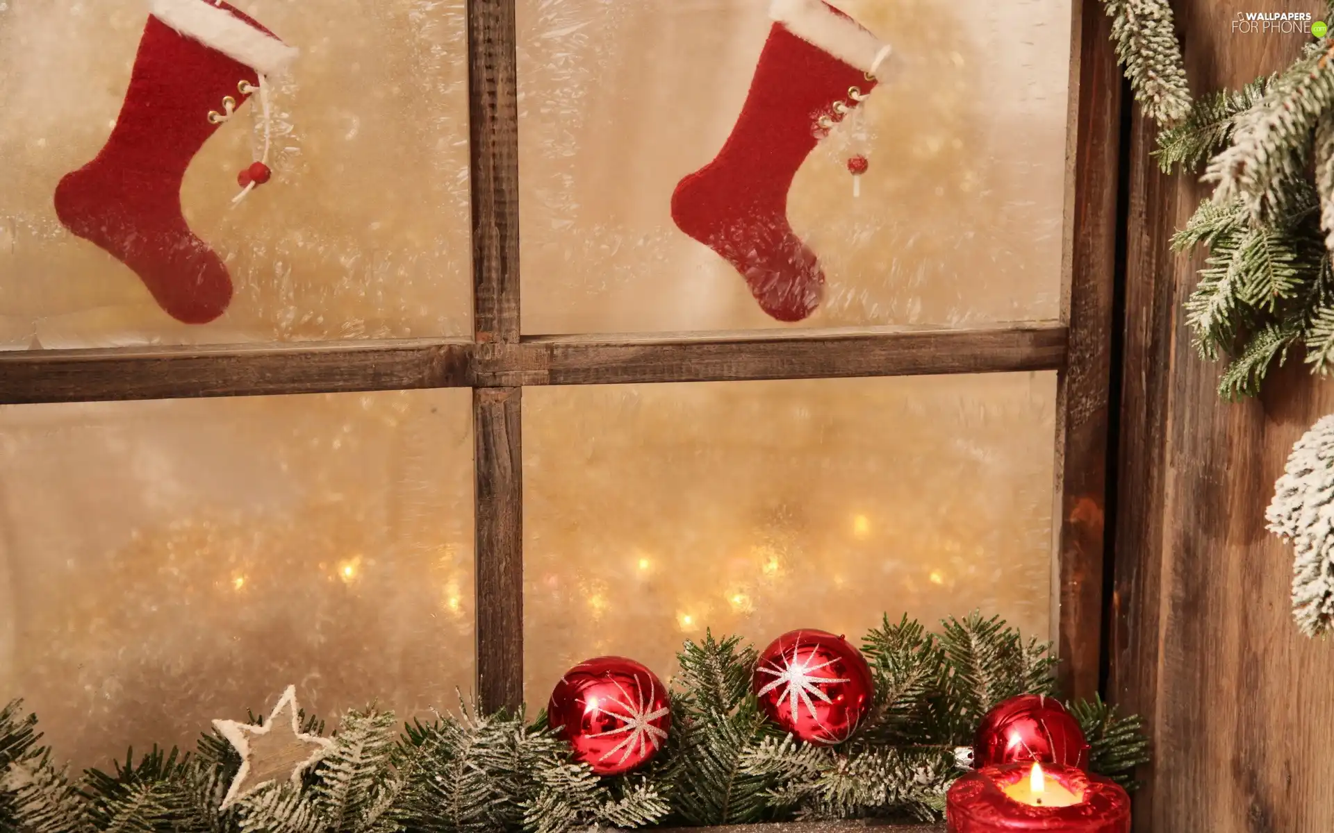 Candle, spruce, Red, socks, Window, baubles