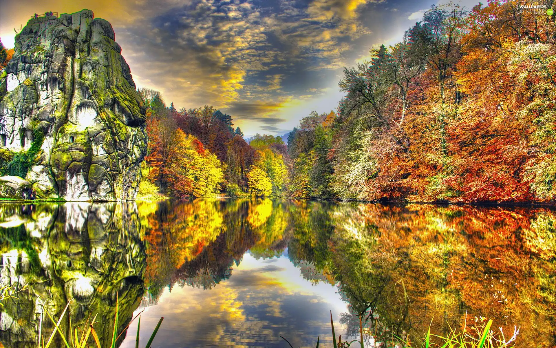 autumn, Rocks, reflection, clouds