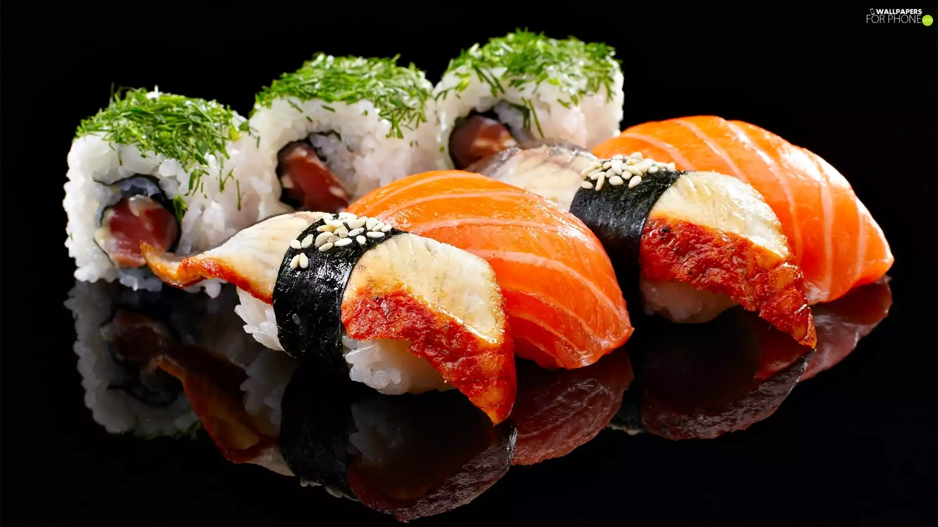 Sushi, reflection, Dark Background, salmon