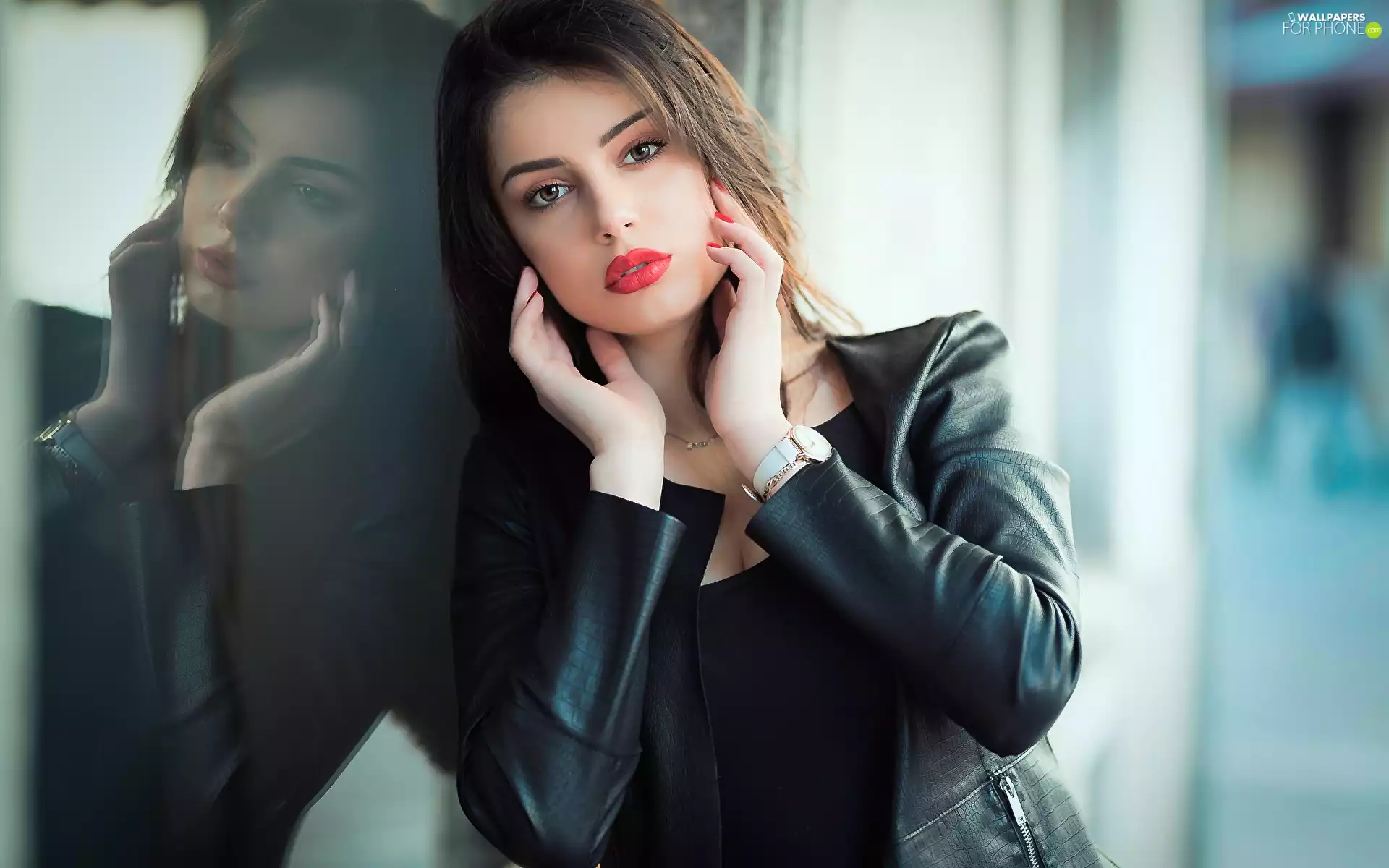 Leather, Women, Glass, reflection, Jacked, light brown