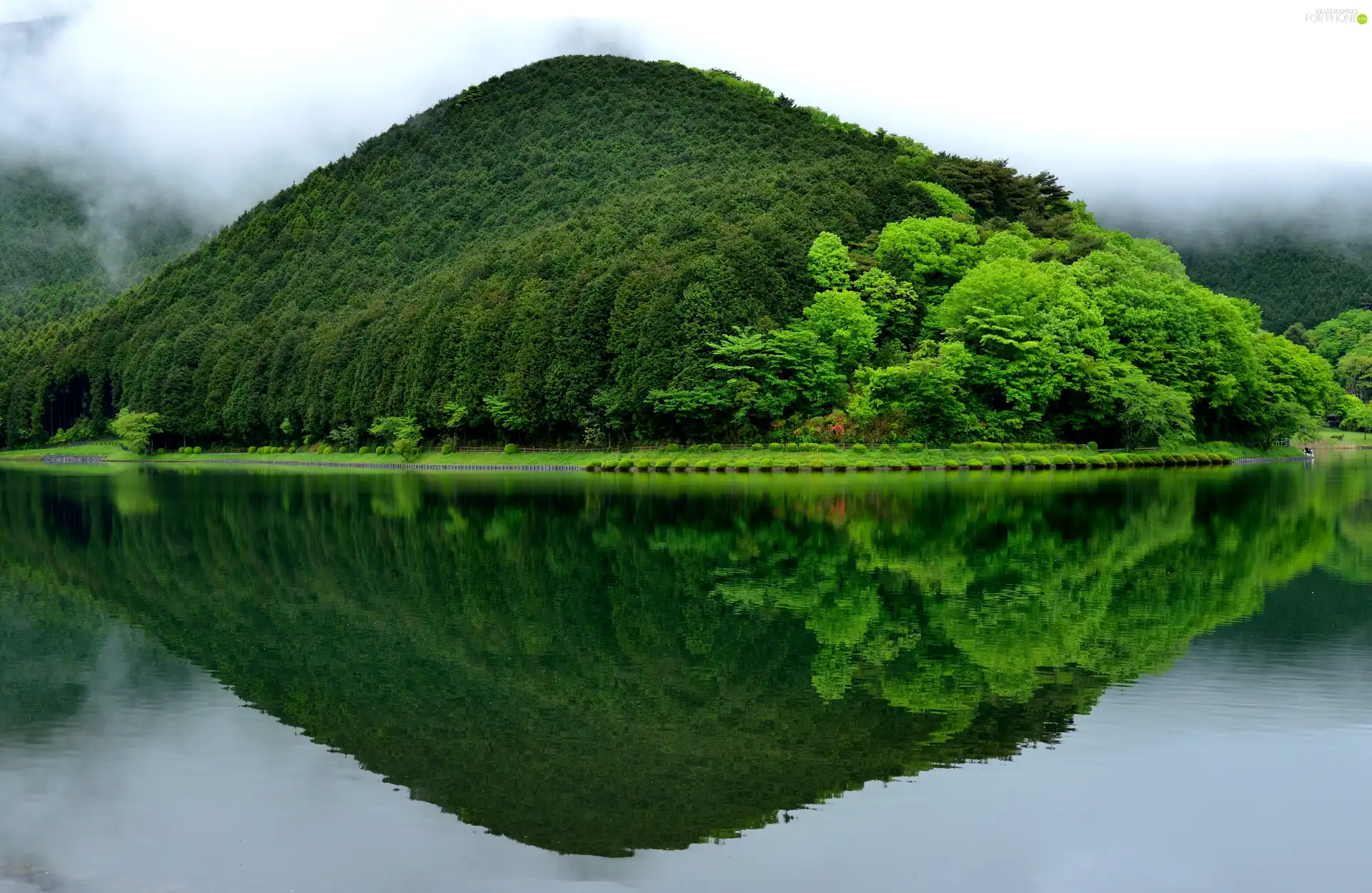 reflection, Japan, mountains, green, lake