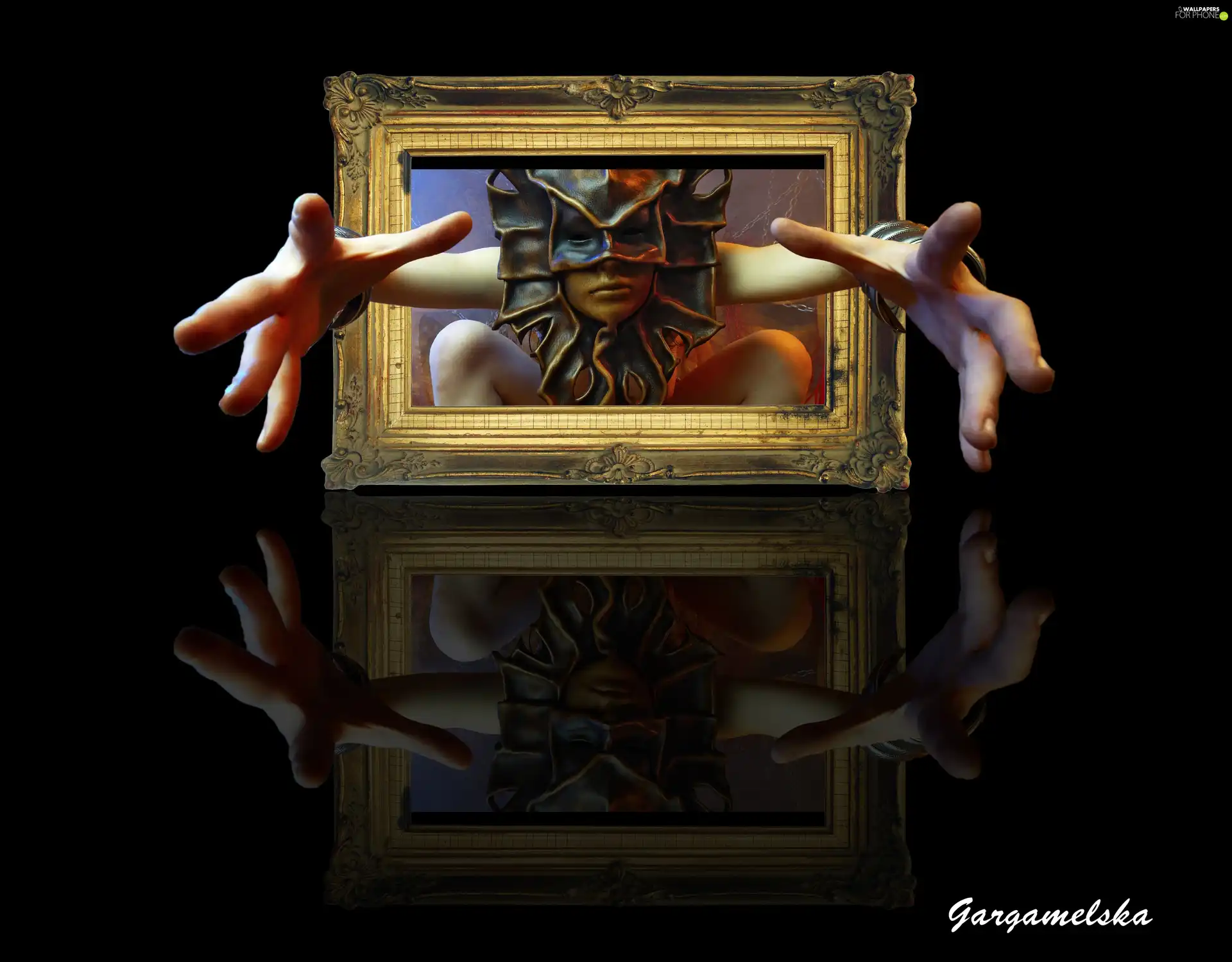 Mask, frame, reflection, hands