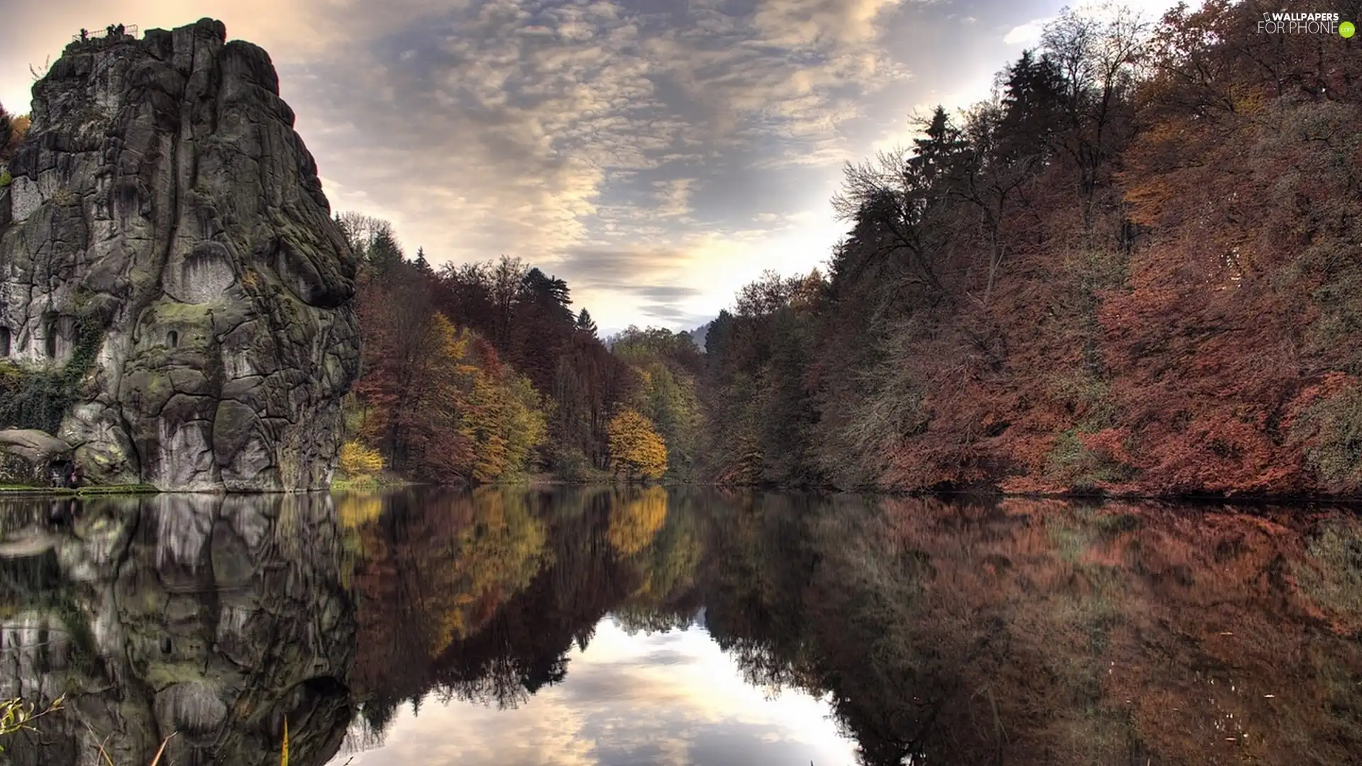 reflection, Mirror, woods, rocks, lakes