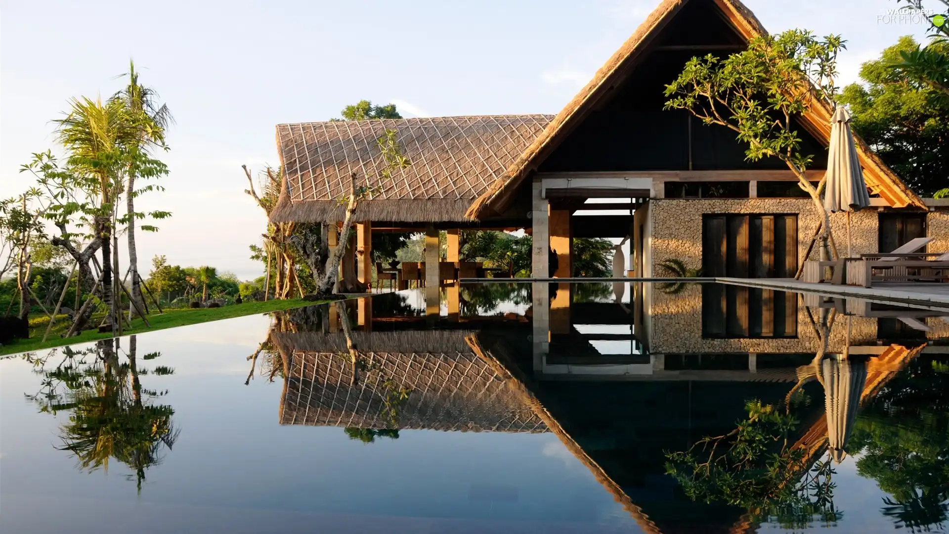 reflection, house, water