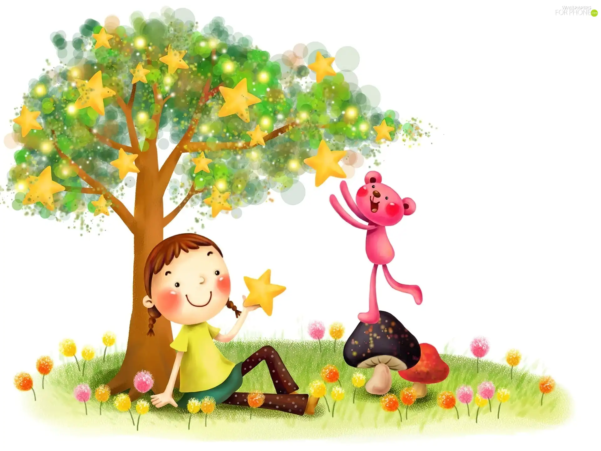 Meadow, Teddy Bear, resting, trees