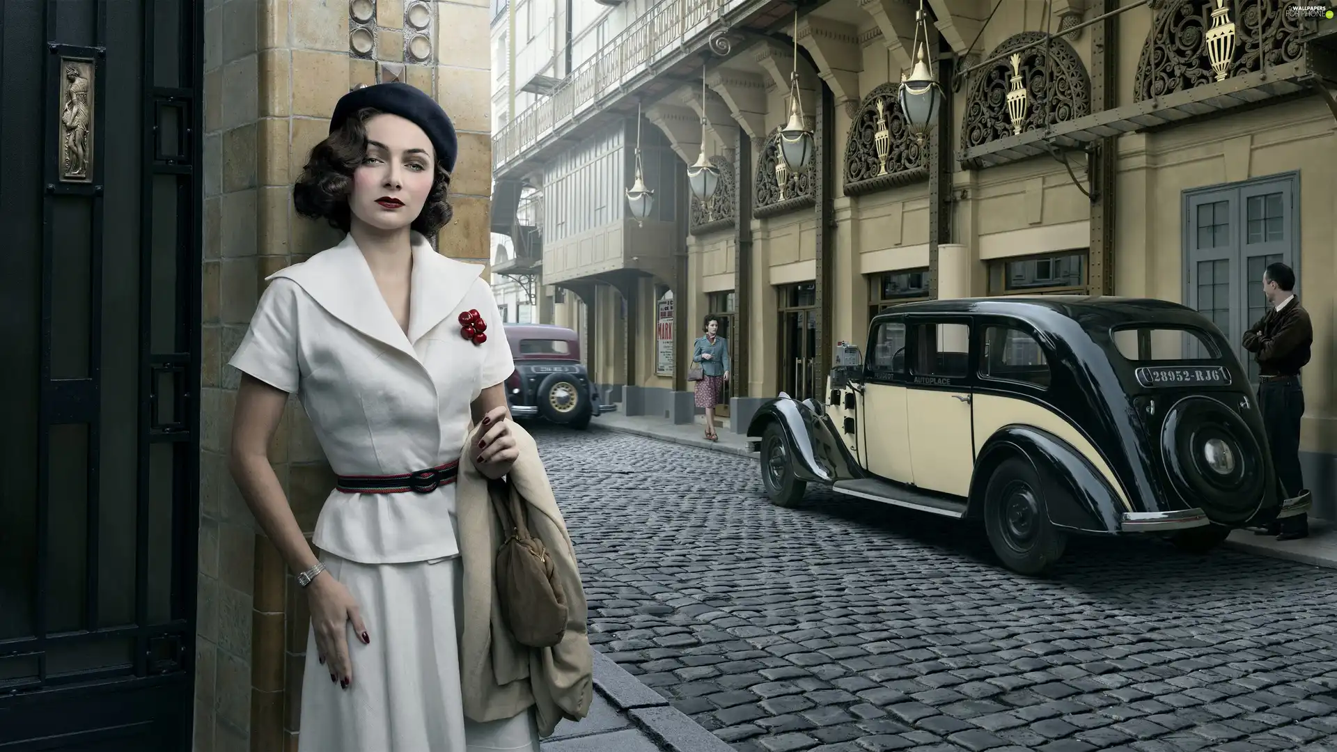 antique, beret, Street, Retro, Women, Automobile, Houses