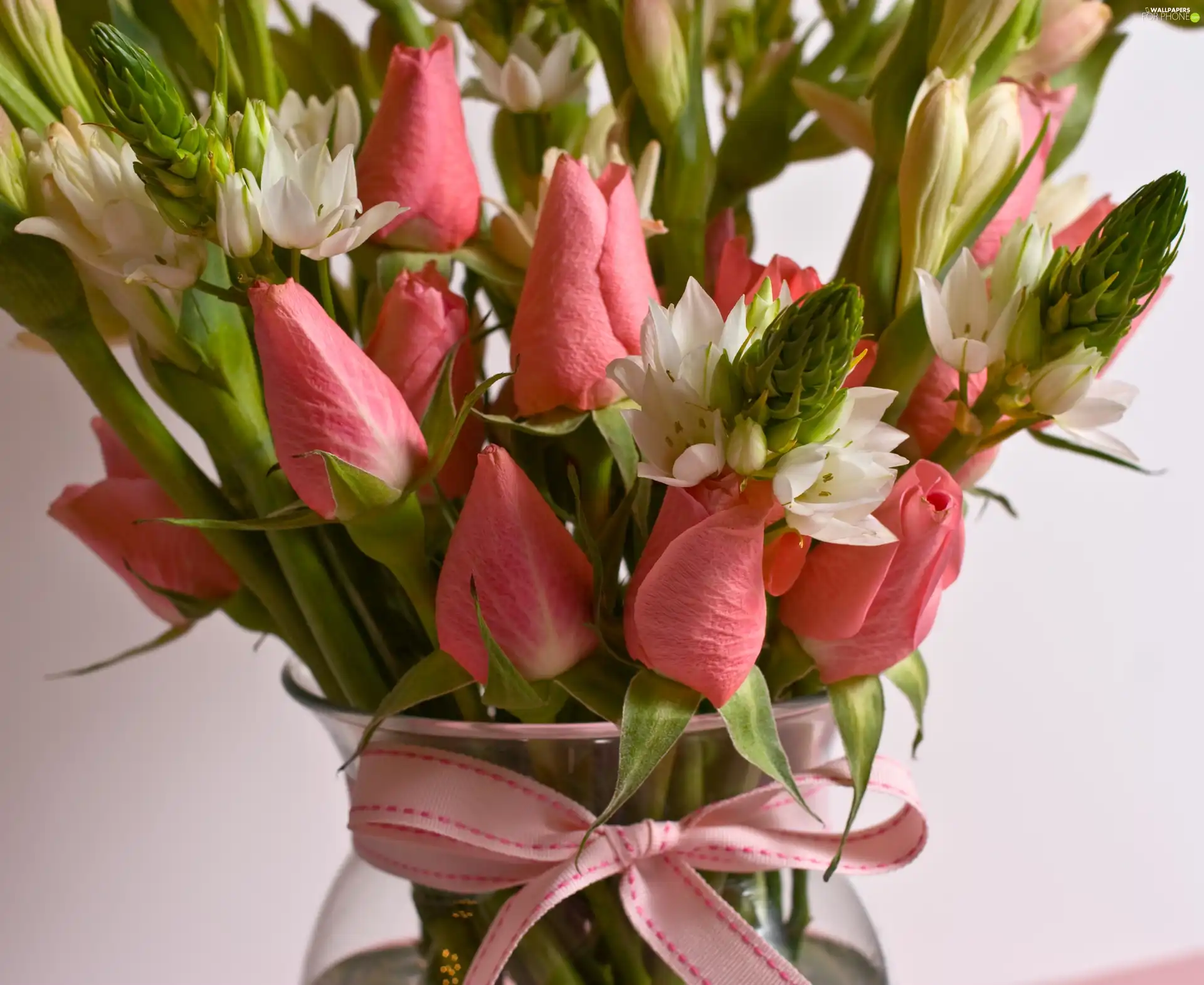 bouquet, bowl, ribbon, flowers