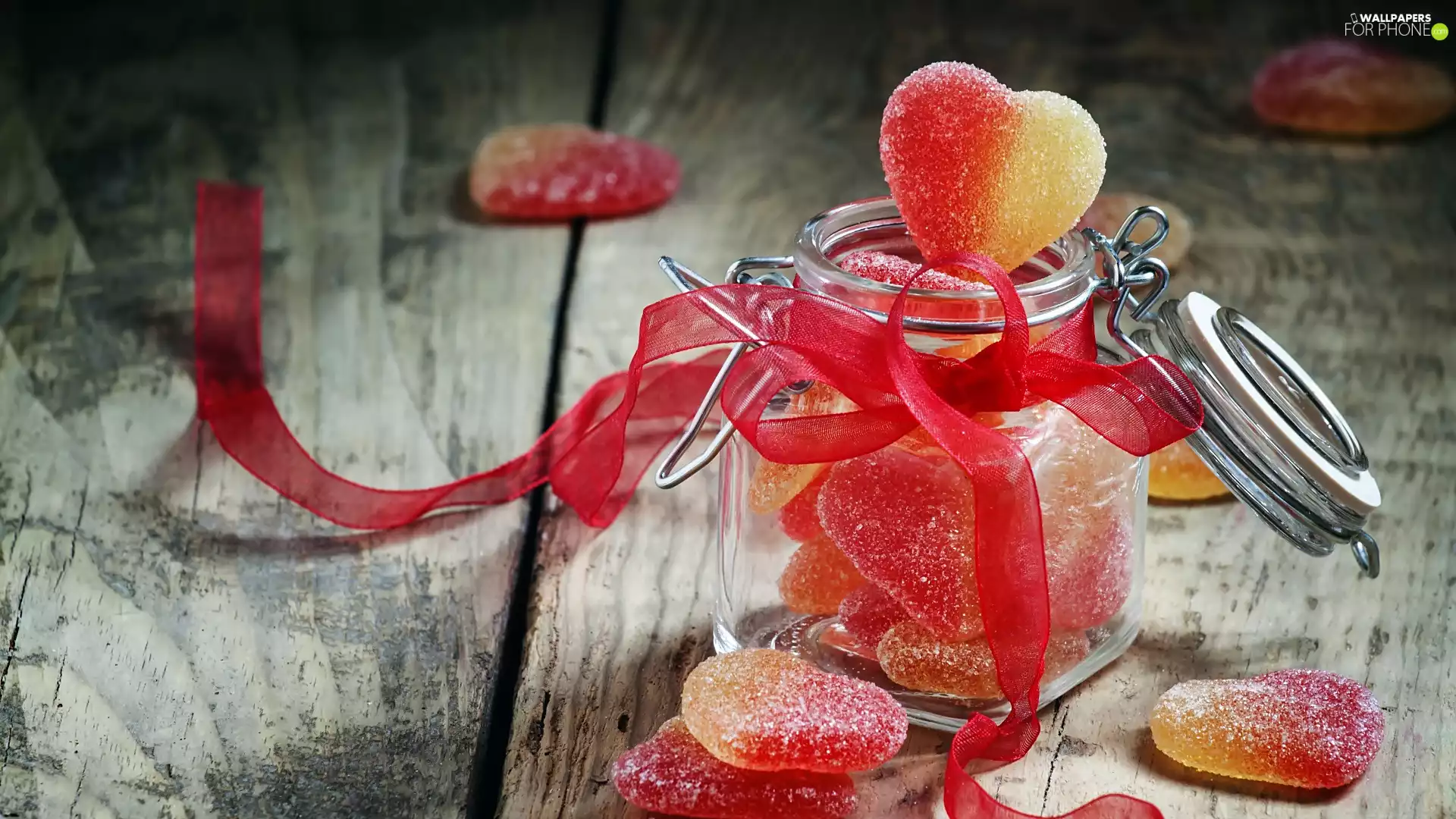 hearts, Candies, jar, ribbon, glass, jellies