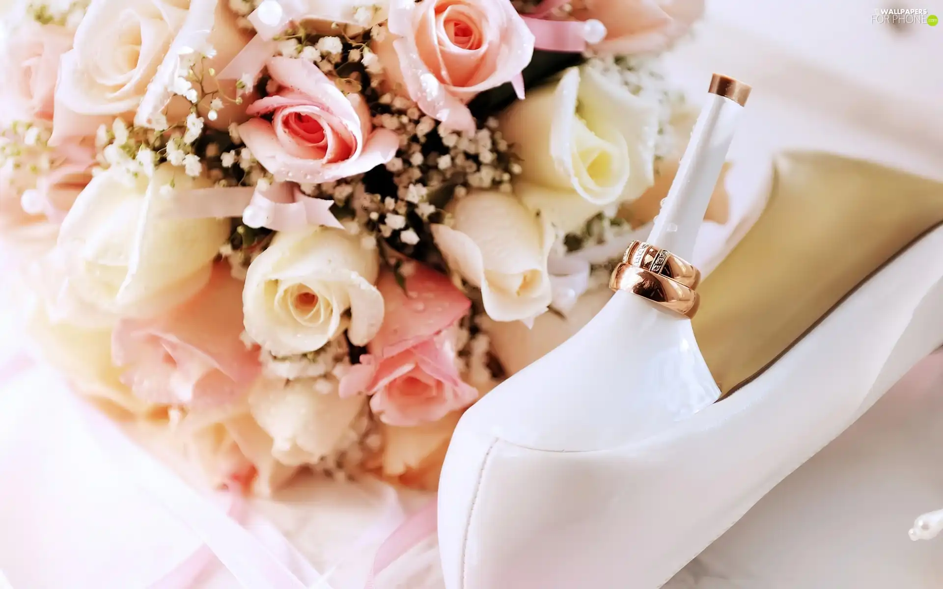 bouquet, heels, rings, rouge