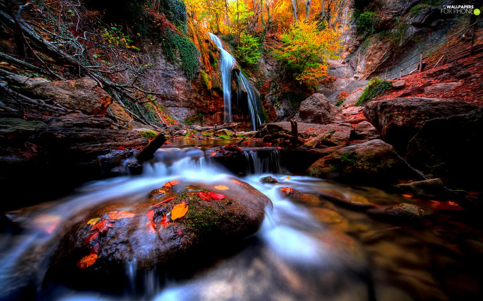 River, waterfall, autumn