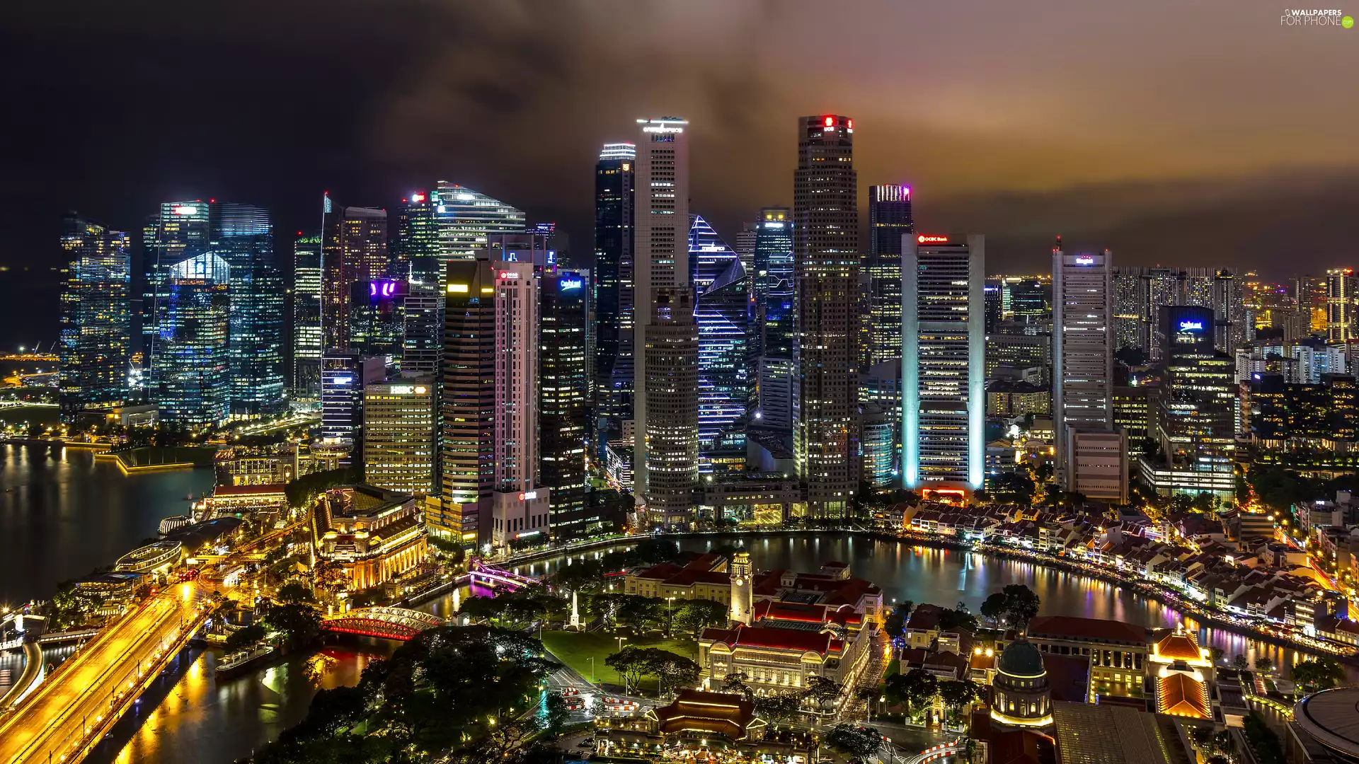 skyscraper, River, bridge, Night, Singapur