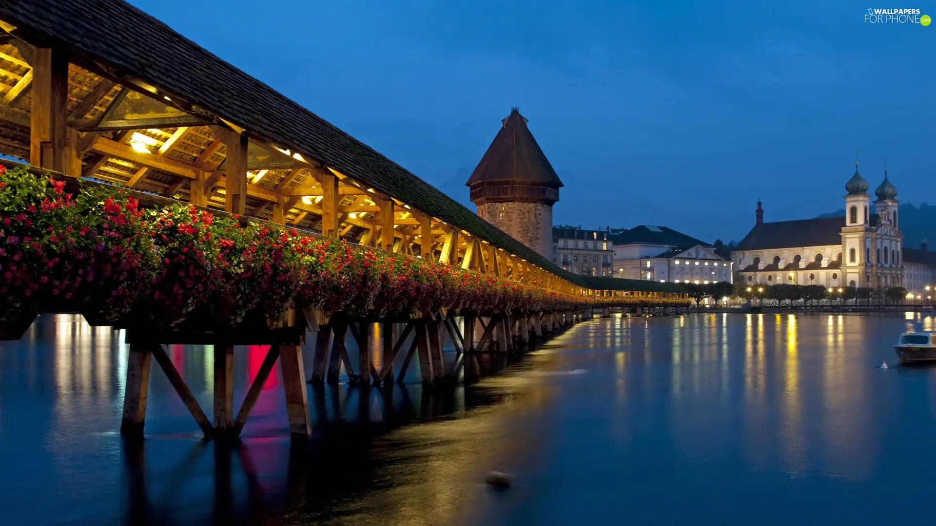 river, bridges, Town, by, illuminated